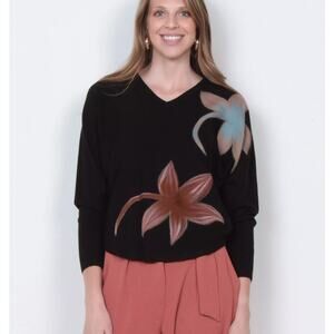 Aaeda Art To Wear Fuzzy Flower Embroidered Sweater  M Womens Black Artsy Soft